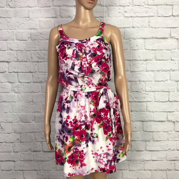 Express Floral Spring Summer Sleeveless Ruffle Bust Red MIDI Dress Size Small S - Picture 2 of 7